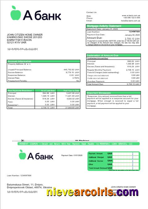 Ukraine A-Bank mortgage statement